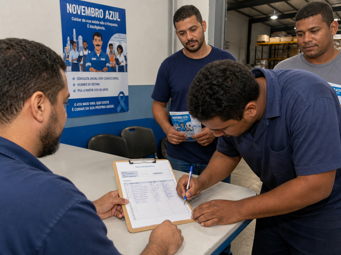 Colaboradores assinando a lista de presença da campanha de Novembro Azul