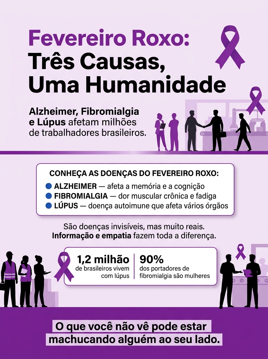 Cartaz Fevereiro Roxo — Três causas, uma humanidade