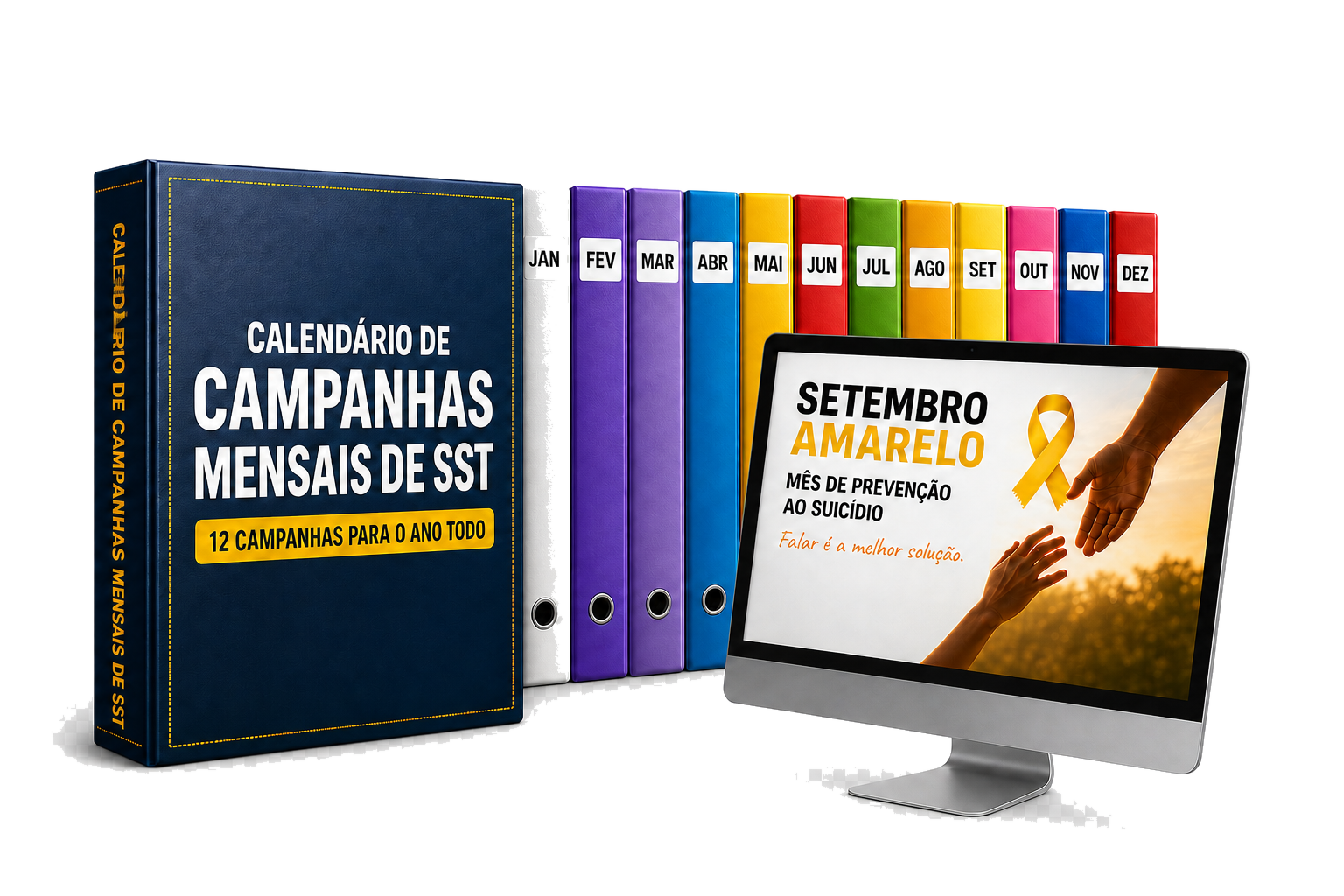 Mockup do Plano Básico do calendário de campanhas com as pastas dos 12 meses