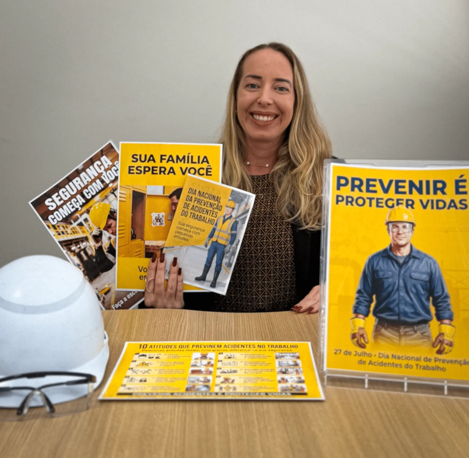 Aline Radaelli com os materiais impressos das campanhas