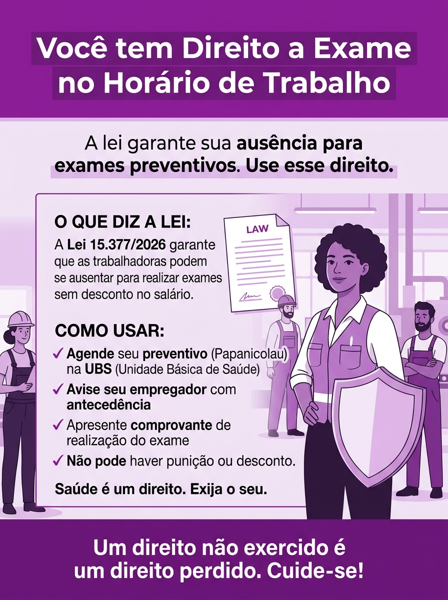 Cartaz Março Lilás — A lei garante sua ausência para exames preventivos